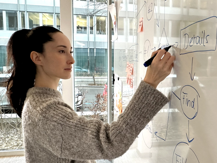 Frau skizziert einen Workflow auf einem Whiteboard