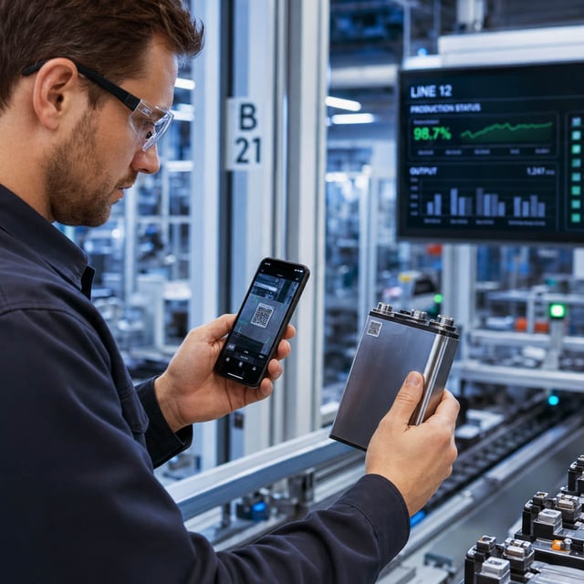 Industriearbeiter, der einen QR-Code auf einem Produkt scannt