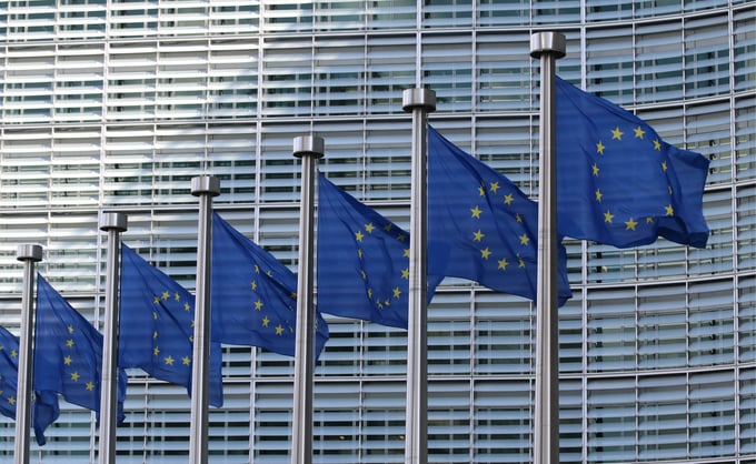 Flags of European Union in front of government building