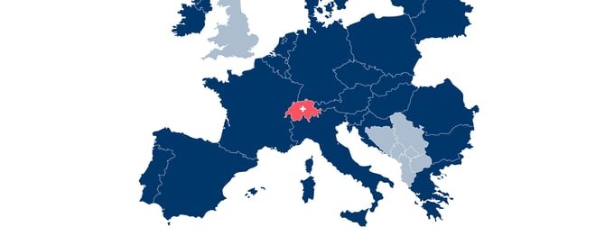 Map of Europe with Switzerland highlighted red in the heart of it