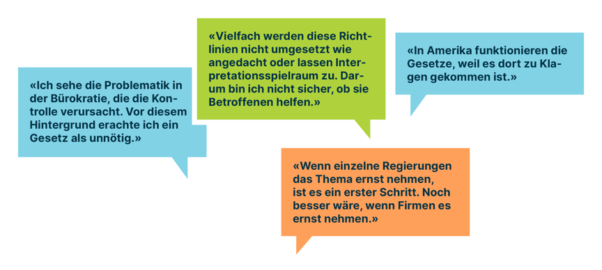 Ein Sammlung Aussagen zum European Accessibility Act aus der oben genannten Bachelorarbeit, erstes Zitat: «Ich sehe die Problematik in der Bürokratie, die die Kontrolle verursacht. Vor diesem Hintergrund erachte ich ein Gesetz als unnötig.» Zweites Zitat: «Vielfach werden diese Richtlinien nicht umgesetzt wie angedacht oder lassen Interpretationsspielraum zu. Darum bin ich nicht sicher, ob sie betroffenen helfen.» Drittes Zitat: «In Amerika funktionieren die Gesetze, weil es dort zu Klagen gekommen ist.» Viertes Zitat: «Wenn einzelne Regierungen das Thema ernst nehmen, ist es ein erster Schritt. Noch besser wäre, wenn Firmen es ernst nehmen.» 