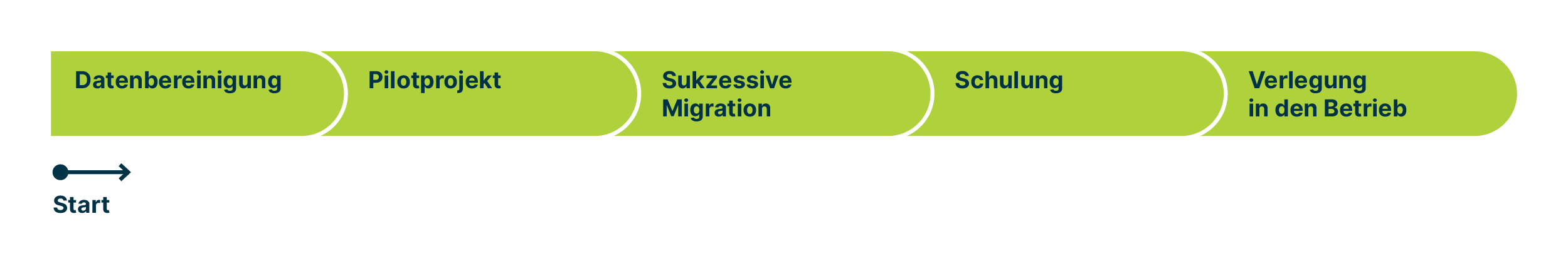 Zeitstrahl mit den folgenden Schritten: Datenbereinigung, Pilotprojekt, Sukzessive Migration, Schulung, Verlegung in den Betrieb.