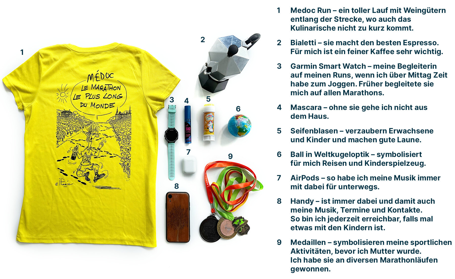 Auswahl persönlicher Gegenstände von Janina: 1. Medoc Run T-Shirt – Ein toller Lauf mit Weingütern entlang der Strecke, wo auch das Kulinarische nicht zu kurz kommt. 2. Bialetti – sie macht den besten Espresso. Für mich ist ein feiner Kaffee sehr wichtig. 3. Garmin Smart Watch – meine Begleiterin auf meinen Runs, wenn ich über Mittag Zeit habe zum Joggen. Früher begleitete sie mich auf allen Marathons. 4. Mascara – ohne sie gehe ich nicht aus dem Haus. 5. Seifenblasen –  verzaubern Erwachsene und Kinder und machen gute Laune. 6. Ball in Weltkugeloptik – symbolisiert für mich Reisen und Kinderspielzeug. 7. AirPods – so habe ich meine Musik immer mit dabei für unterwegs. 8. Handy – ist immer dabei und damit auch meine Musik, Termine und Kontakte. So bin ich jederzeit erreichbar, falls mal etwas mit den Kindern ist. 9. Medaillen – symbolisieren meine sportlichen Aktivitäten, bevor ich Mutter wurde. Ich habe sie an diversen Marathonläufen gewonnen.