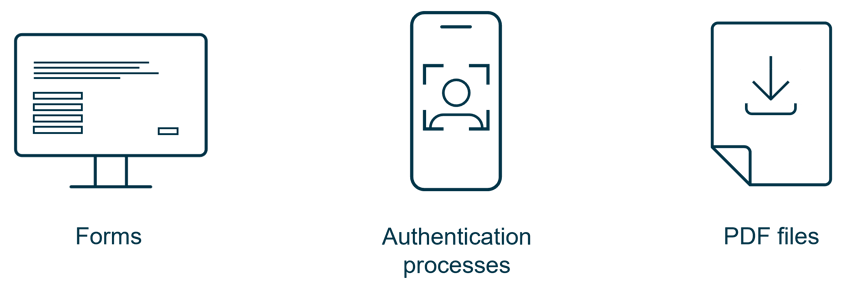 Pictographic representations of the barriers Forms, authentications processes. and PDF files