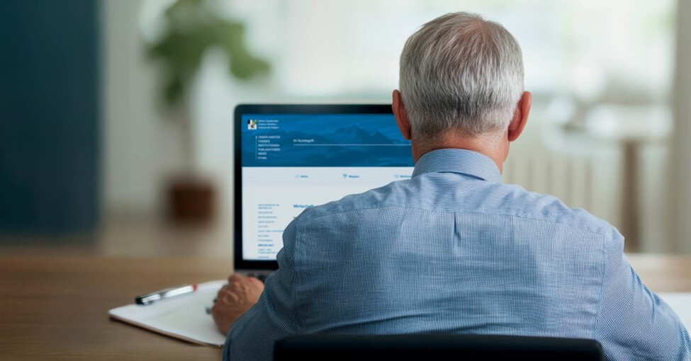 Ein älterer Herr, der an einem Laptop arbeitet