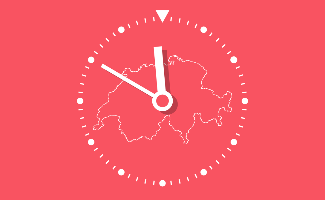 A symbolic clock showing 10 minutes to midnight superimposed on the outlines of Switzerland
