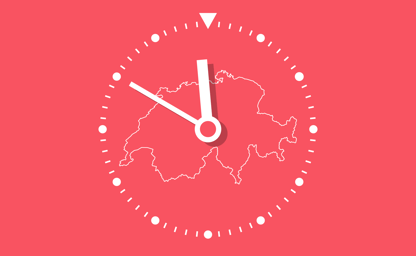 A symbolic clock showing 10 minutes to midnight superimposed on the outlines of Switzerland