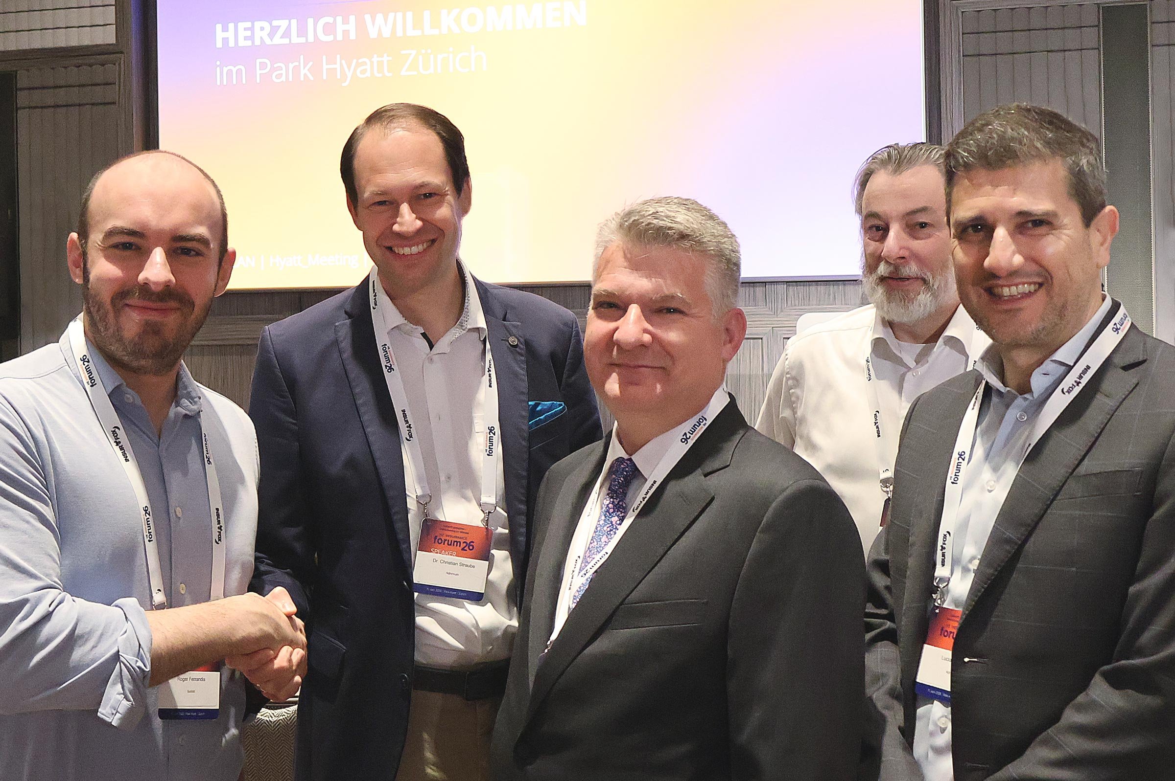 Group photo at the HZ Insurance Forum 2026, including Roger Ferrandis, Head of Partnerships, Sixfold – Christian Straube, Head of Industry Insurance, Adnovum –James Posnett, Vice President of Sales, Sixfold – Hanspeter Jsler, Senior Business Development and Solution Sales Manager, Adnovum – Luciano Rizza, Managing Director Financial Services, Adnovum