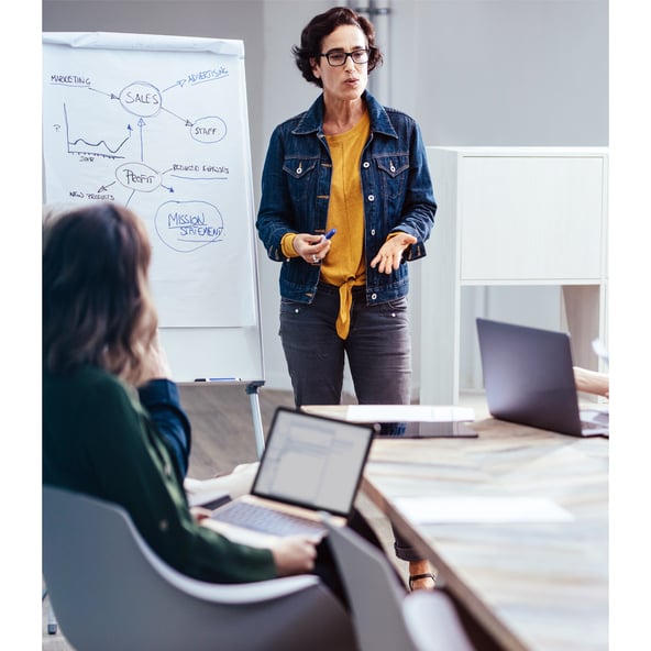 Female working colleague sitting at desk looking at female working colleague presenting in front of flip chart 