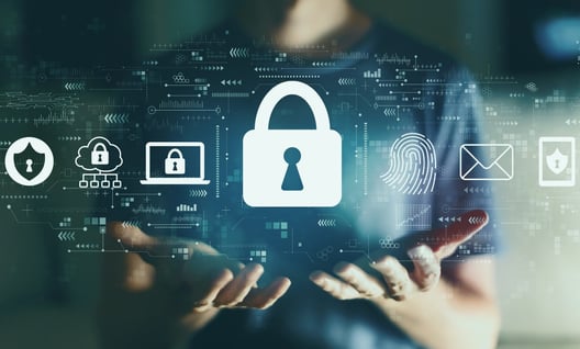 Man in business suit holding phone in hand with screen showing  transparent locks symbolizing security 