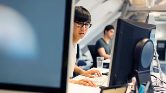 Man working on laptop seen from behind 