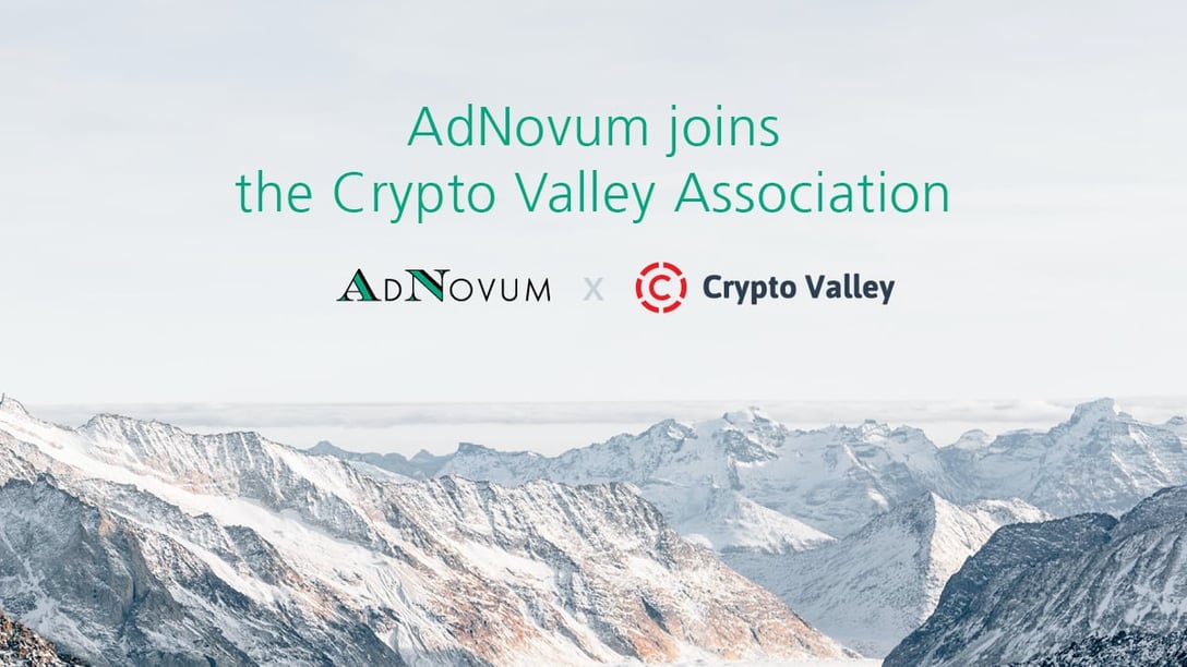 Lettering “Adnovum joins the Crypto Valley Association” on mountain background 