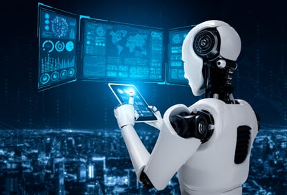 Robot looking at tablet in dark room full of screens, seen from behind  