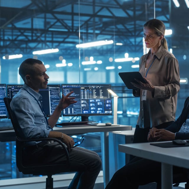 IT team discusses data in a control room with multiple monitors.